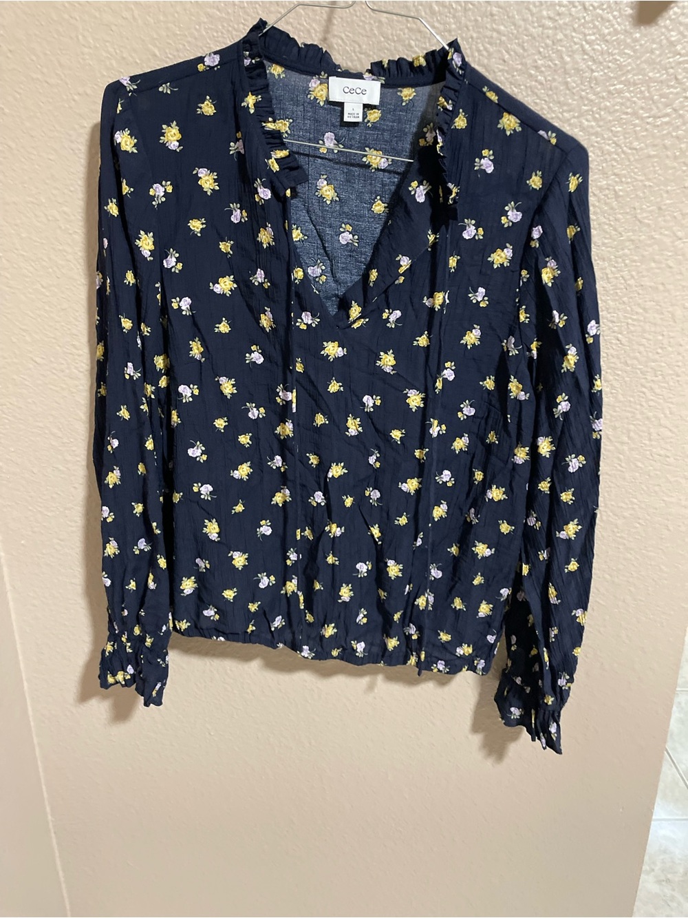 CeCe Navy Floral Ruffle V-Neck Long Sleeve Blouse
